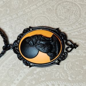HANDMADE  Black cat cameo leather necklace w yellow background & black frame NWT